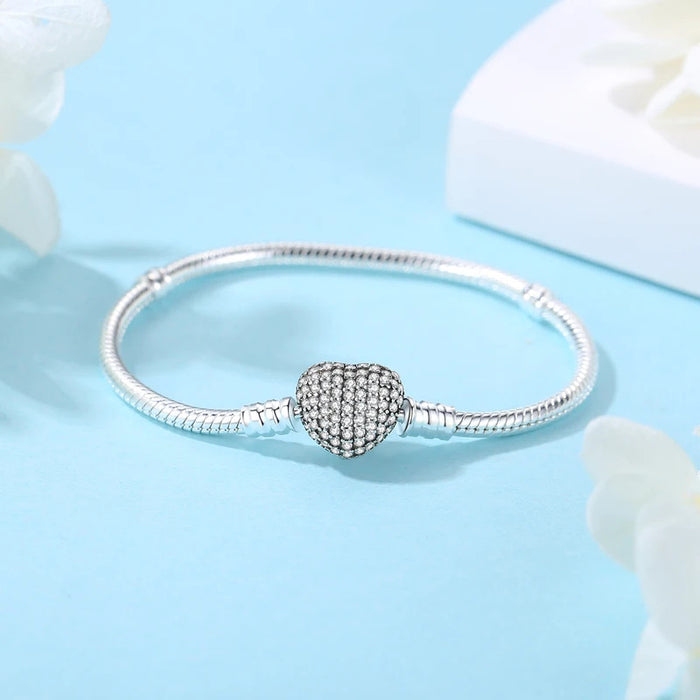 Original 925 Sterling Silver Bracelets Bangles Crystal Ball Love Heart Clasp Beads Charms Moments Bracelet For Women DIY Jewelry