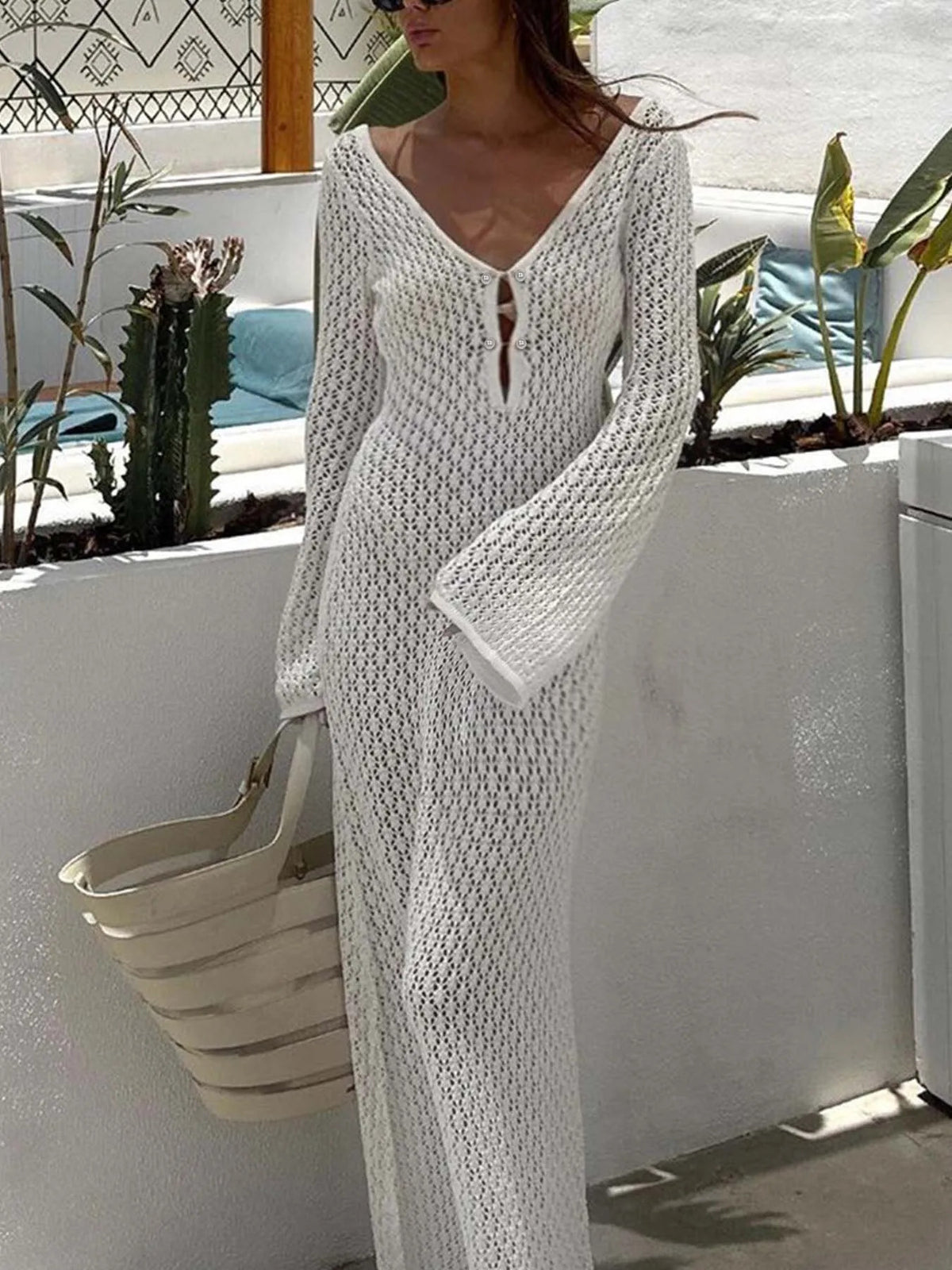 Sexy Women White Long Knit Sleeve Bikin Fashion Cover up Female See-Through Deep V-Neck Hollow-Out Beach Knitwear Backless Dress