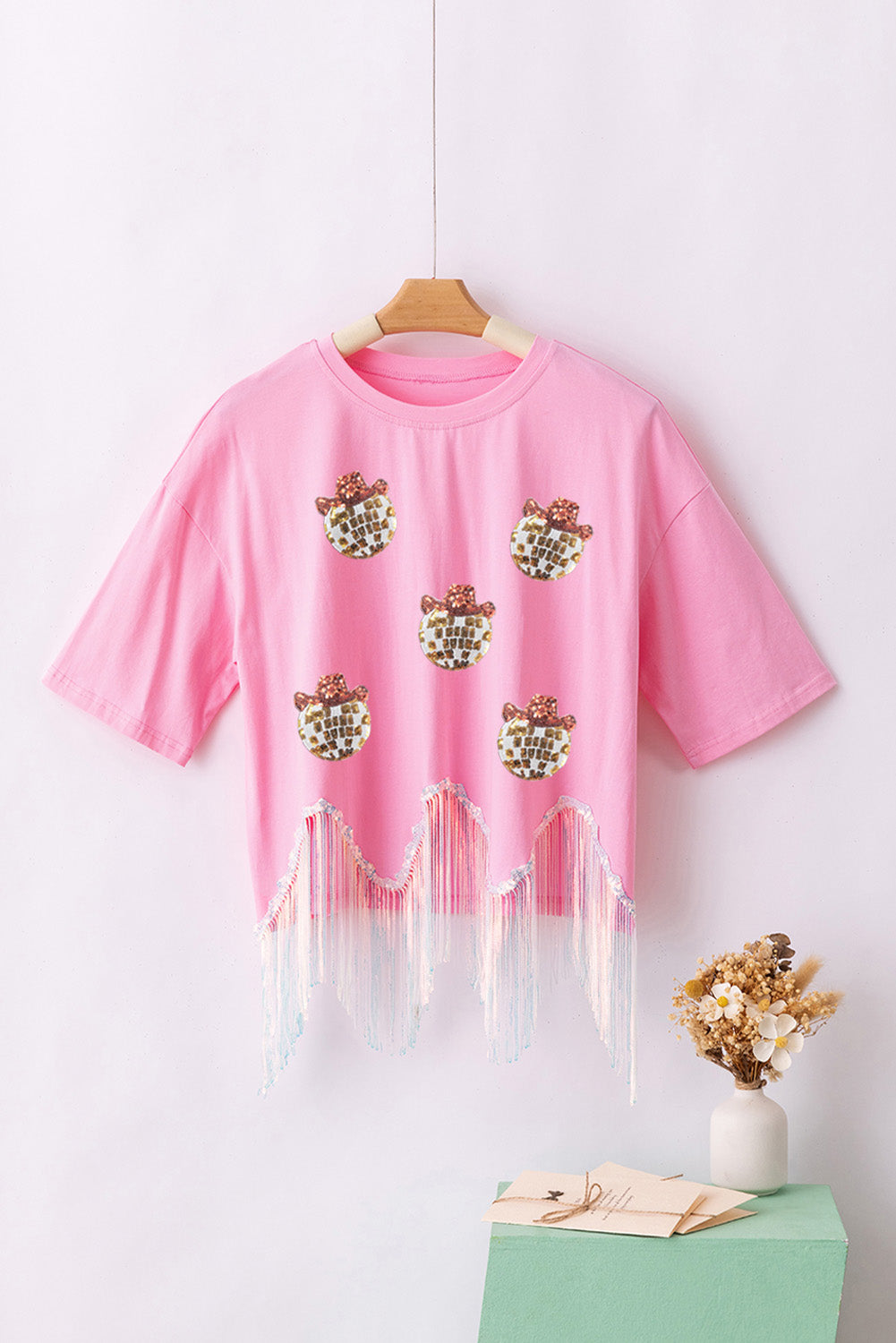 Pink Sequin Pattern Tassel Crew Neck Crop Top