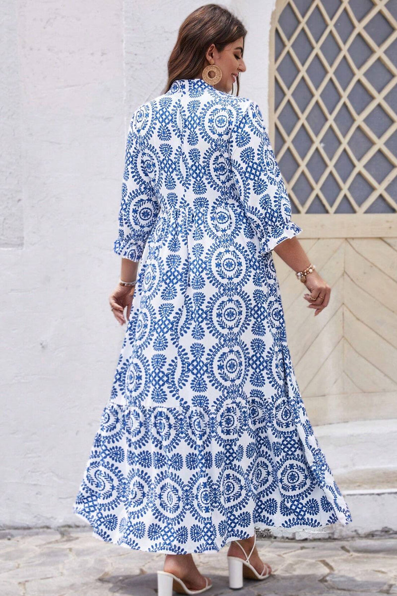 Sky Blue Geometric Print Lace-up Notch Neck Plus Size Maxi Dress