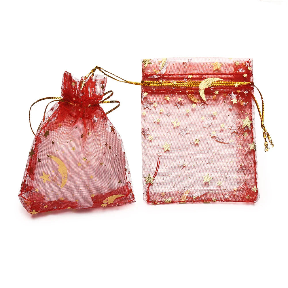 50pcs/Lot Multiple-sizes Printing Star Moon Christmas Organza Sack Drawstring Charm Packaging Bags Daily Jewelry Package