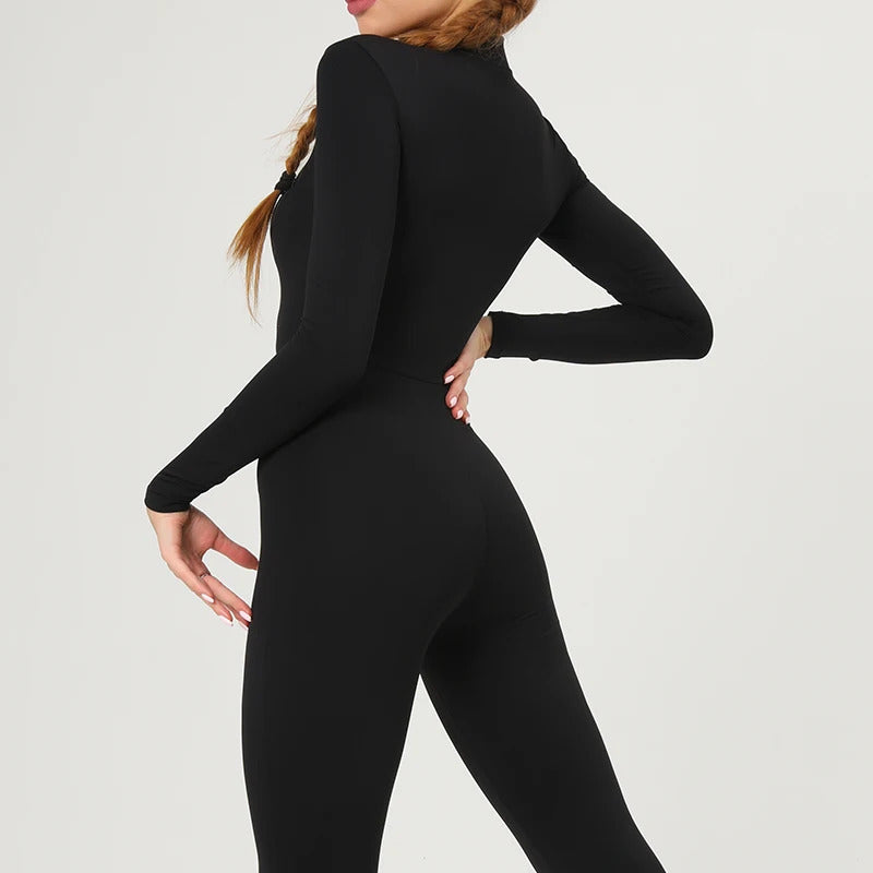 Warm Plush Sports Jumpsuits Women's Tracksuit One-Piece Fitness Suit Winter Gym Sets Long Sleeves Black Exercise Bodysuit Woman