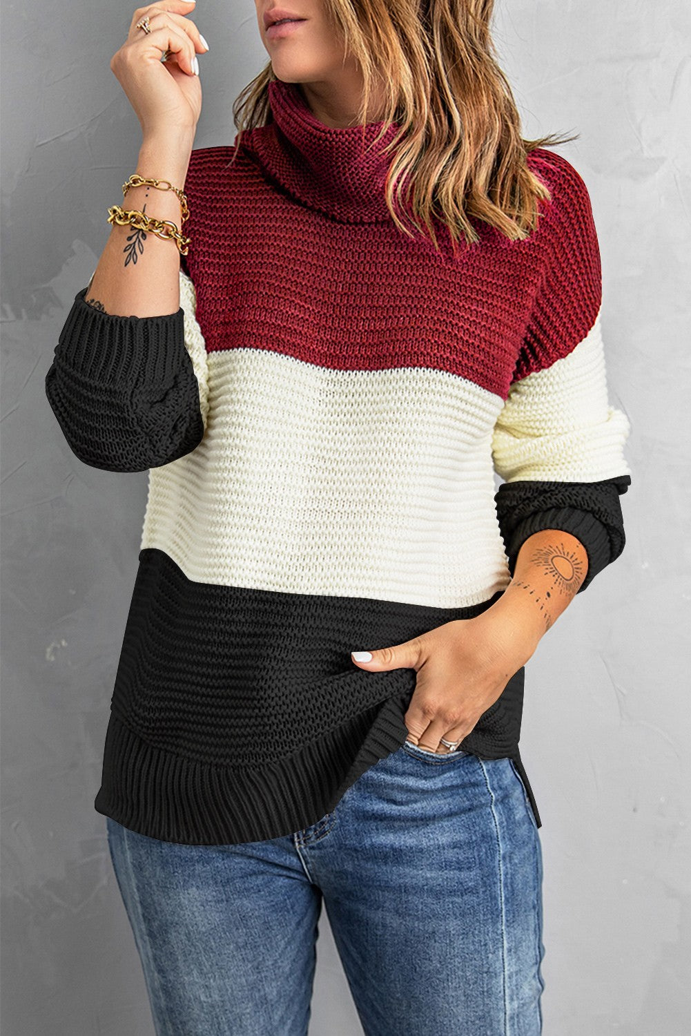 Black Turtleneck Color Block Pullover Sweater