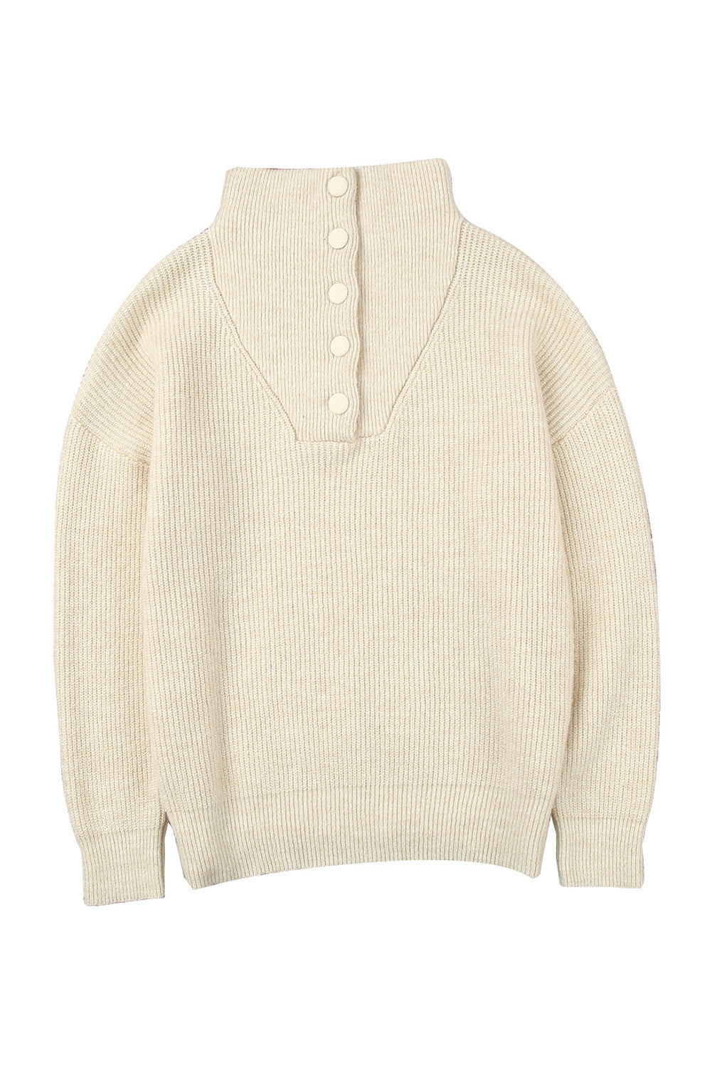 Khaki Buttoned Turn Down Collar Comfy Ribbed Sweater