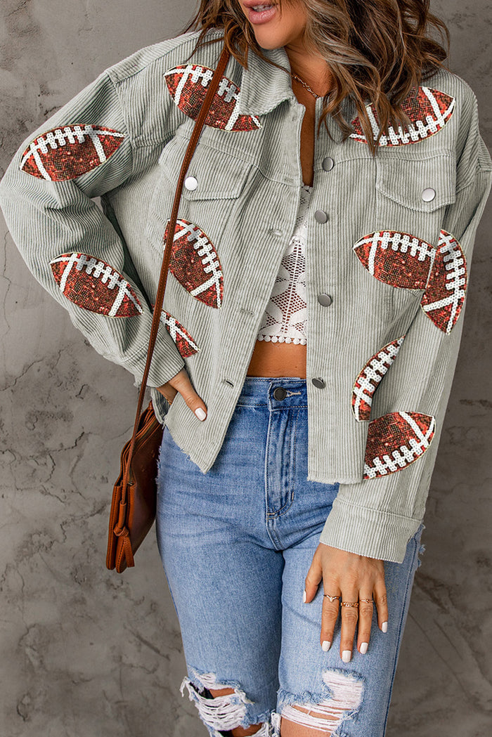 Casual Sequined Football Patch Ribbed Cotton Jacket