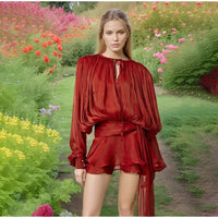 Ruffles Lace Up Women Dress Long Sleeve Pleated Female Mini Dresses 2025 Elegant Spring Summer Street V Neck Loose Lady Robe