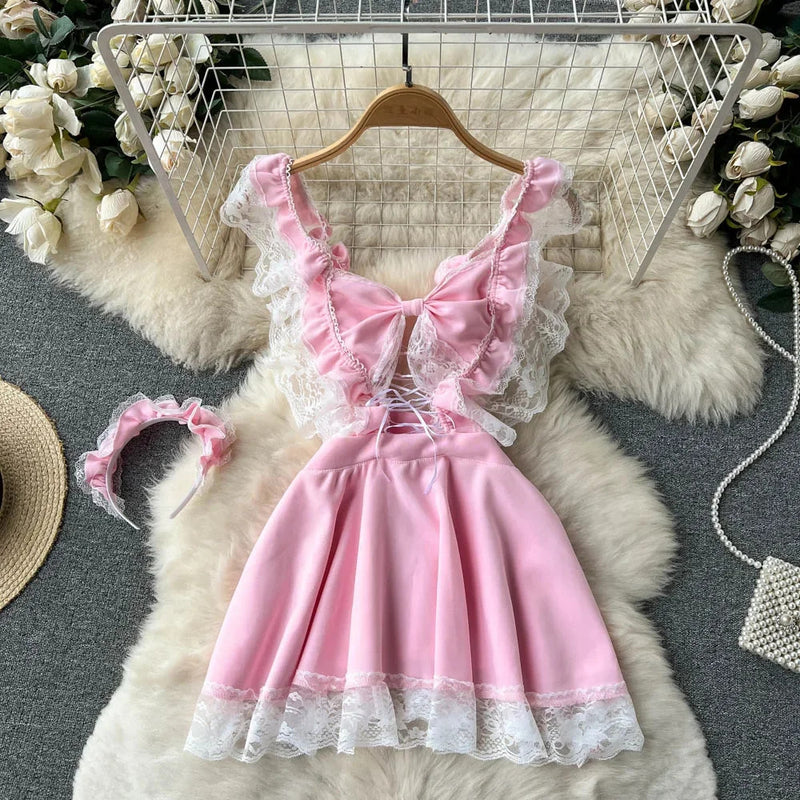 Strap Bow Hot Women Nightwear Mesh Sexy Night Dress Thin Tansparent Lace Pajamas Dress+Thong 2024 Lady Romantic Backless Nightie