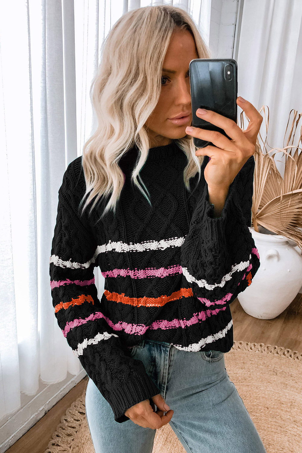 Black Striped Color Block Textured Knit Pullover Sweater