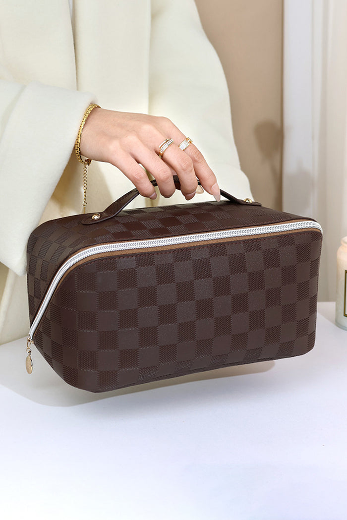 Chestnut Checkered Zipper Handle PU Leather Travel Makeup Bag