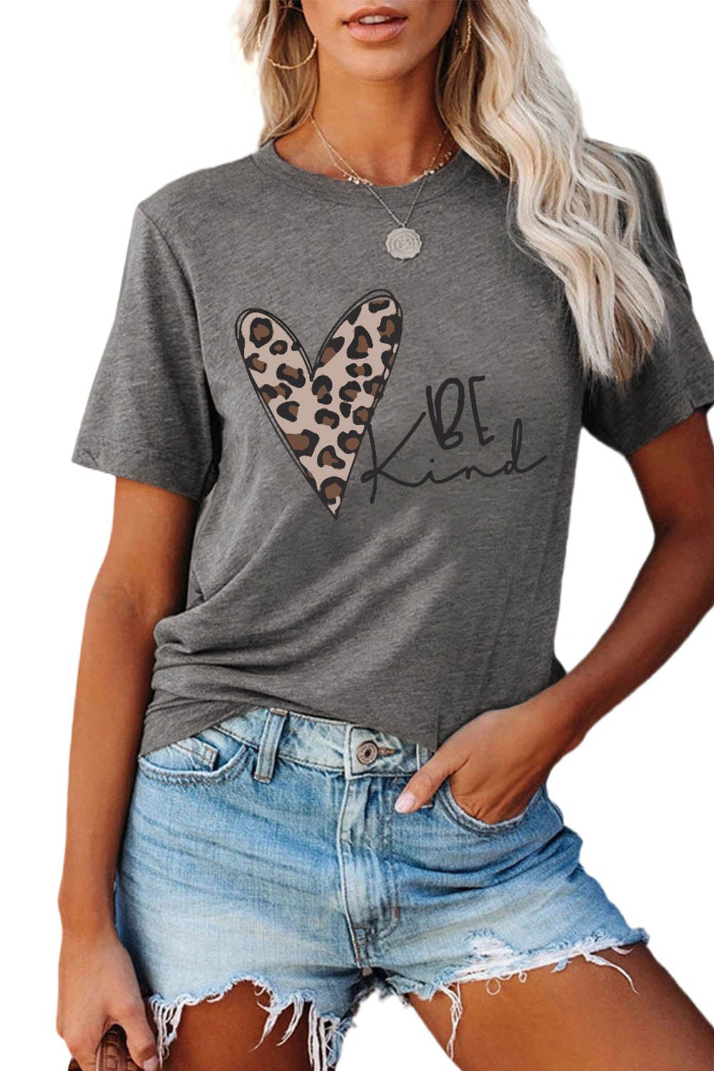 Gray Leopard Heart Be Kind Graphic Tee