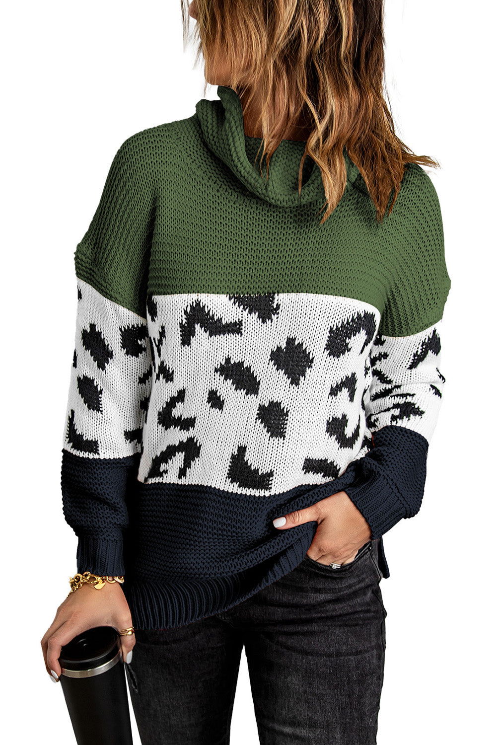 Green Turtleneck Splicing Chunky Knit Pullover Sweater