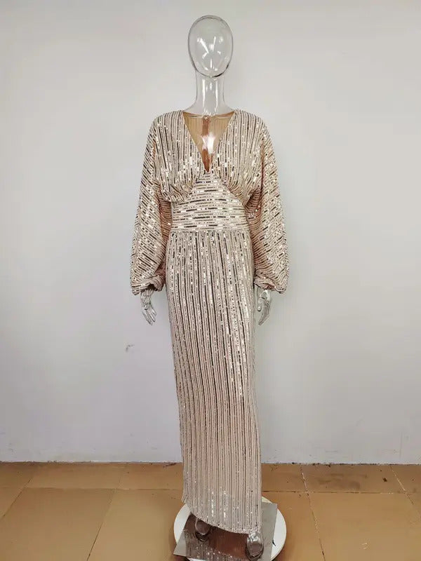 Elegant Shiny Evening Dress Women Party Long Gown Long Sleeve Sequins Even Robe Femme Bridesmaid Wedding Celebrity