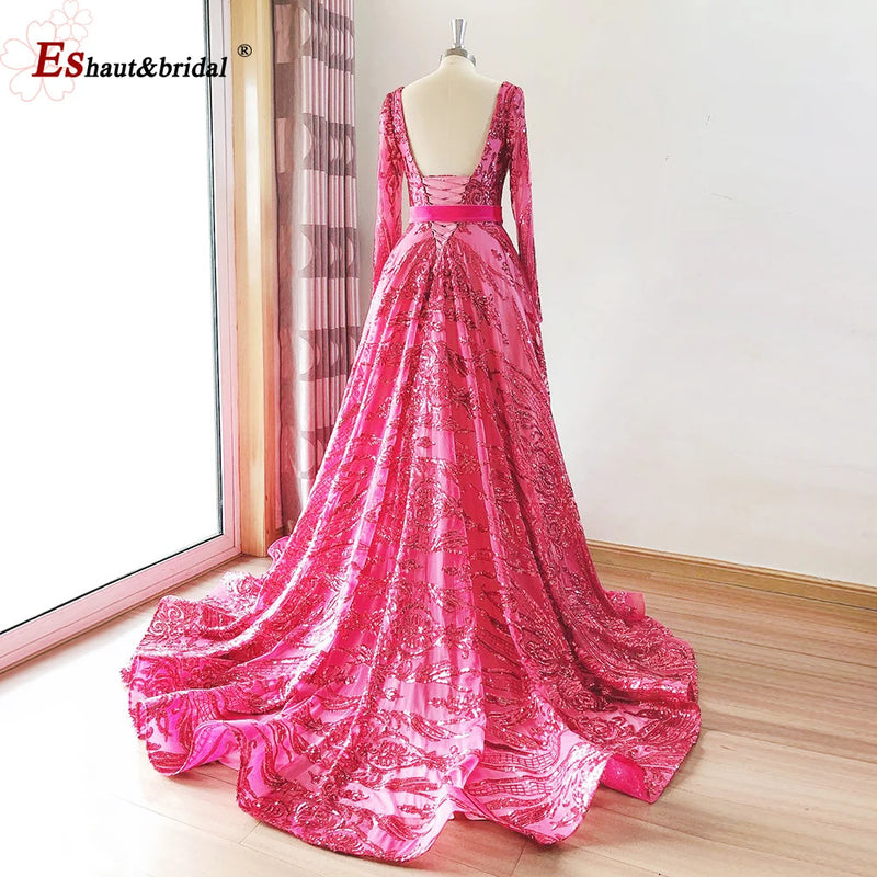 Dubai A-Line Luxury Wedding Evening Dress for Women Muslim 2024 Long Sleeves Sequin Plus Size Formal Prom Party Gown Customized