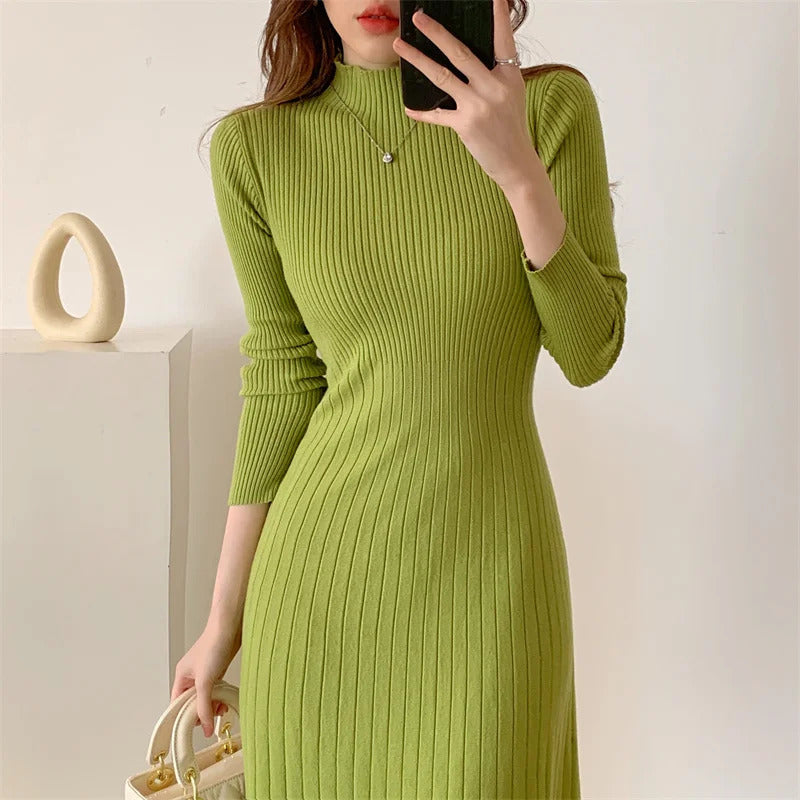 Autumn Winter 2023 Slim Long Sleeve Party Midi Dress for Women Knitted Half High Collar Elegant Knitted Sweater Dresses Ladies