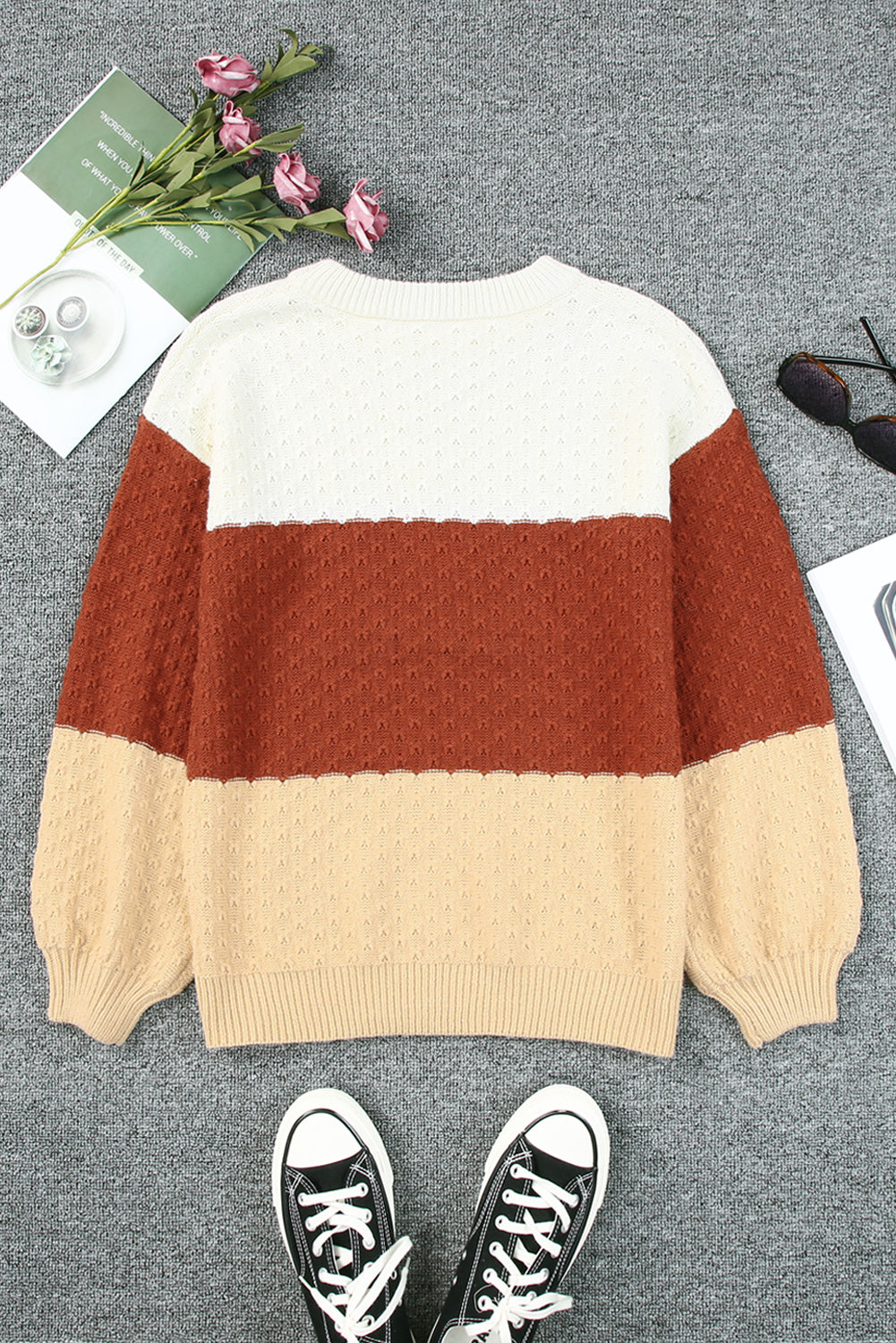 Brown Geometric Texture Colorblock Sweater