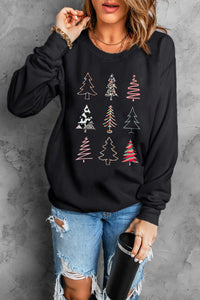 Black Christmas Tree Graphic Print Crew Neck Sweatshirt