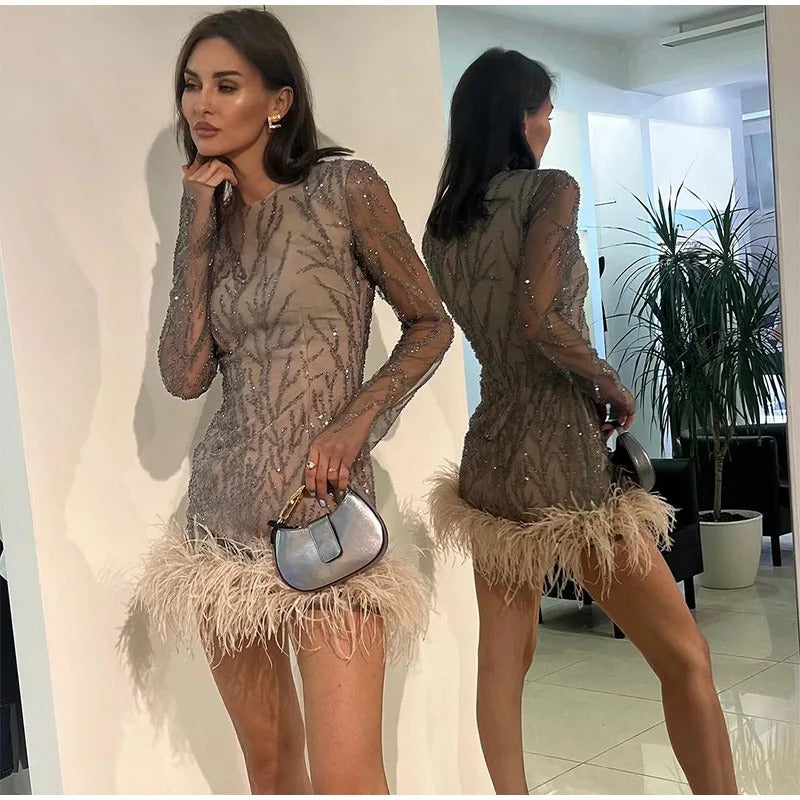 2024 New Feather Sequins Partywear Mini Dresses Women Elegant Mesh Sheer Sequined Long Sleeve Dress Lady Club Evening Vestidos