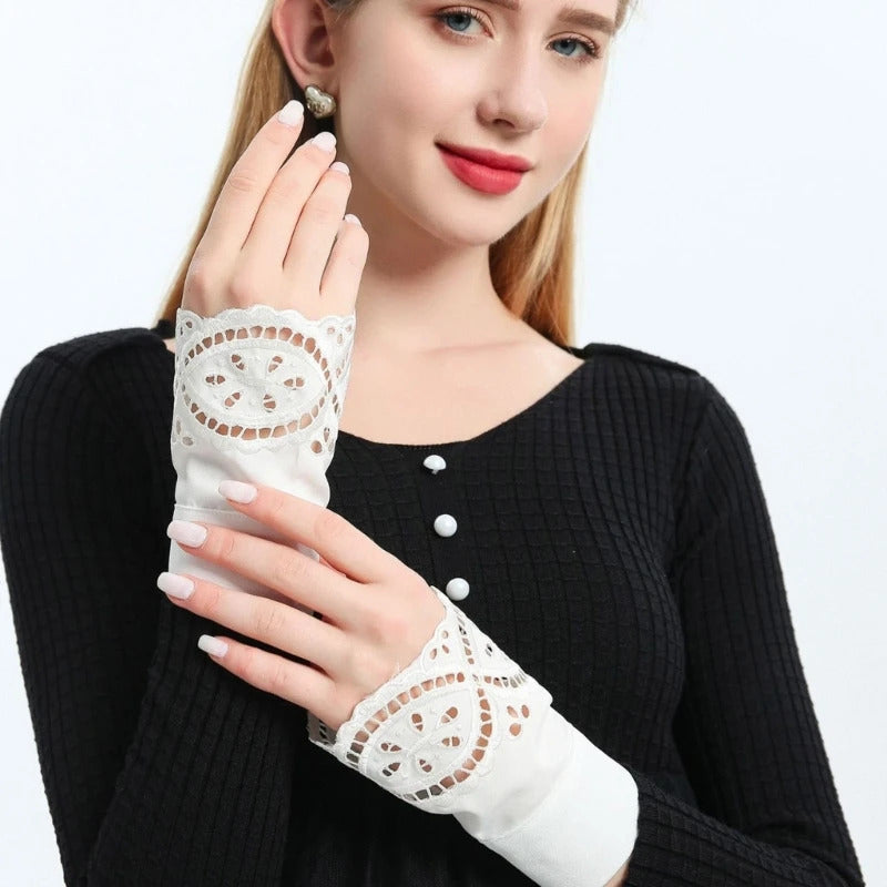 Female Sweater Fake Sleeves Hollow Out Crochet Floral Lace Horn Cuffs Embroidery Flounces Ruffles Elastic Wrist Warmers