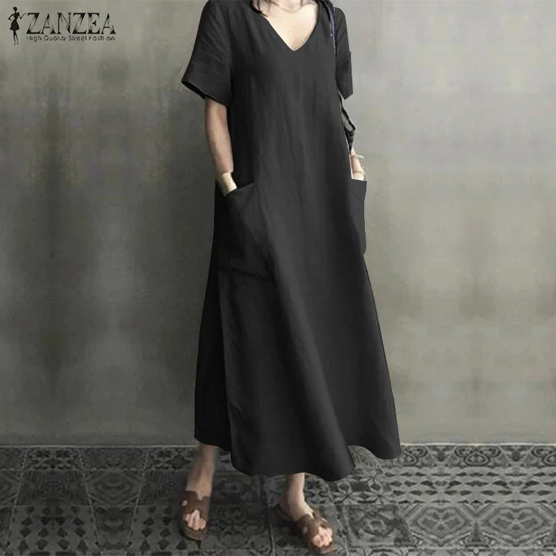 ZANZEA 2023 Women Long Maxi Summer Dress Casual Cotton Linen  Ladies Big Pockets Beach Party Robe Femme Vestidos