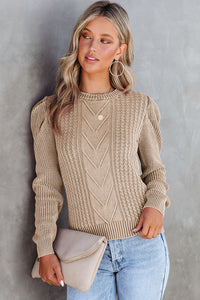 Apricot Cable Ribbed Knit Mix Pattern Puff Sleeve Sweater