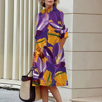 Floral Pattern Shirt Dress Elegant Women's Summer Casual Lapel Long Sleeve Midi Dress High Temperament Fashion Street Shirt