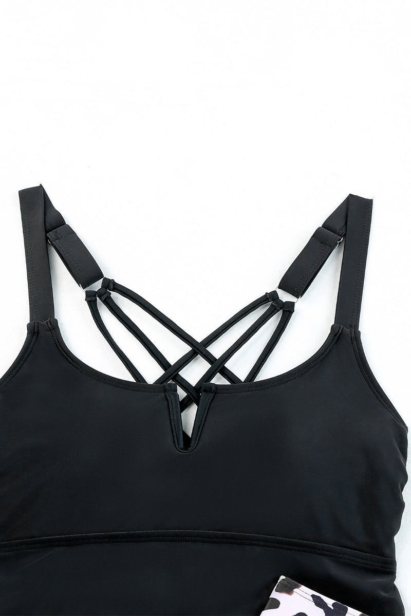 Black Notch Neckline Strappy Tankini Contrast High Waist Swimsuit