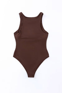 Brown Solid Crew Neck Sleeveless Bodysuit