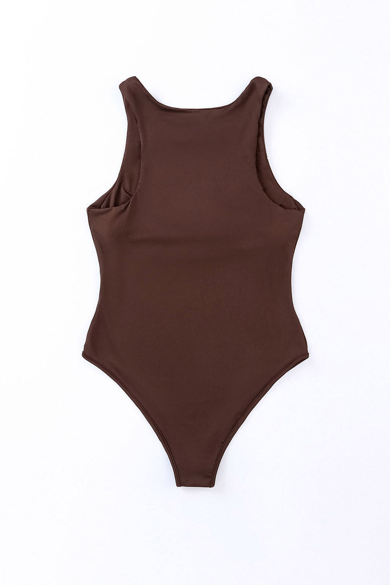 Brown Solid Crew Neck Sleeveless Bodysuit