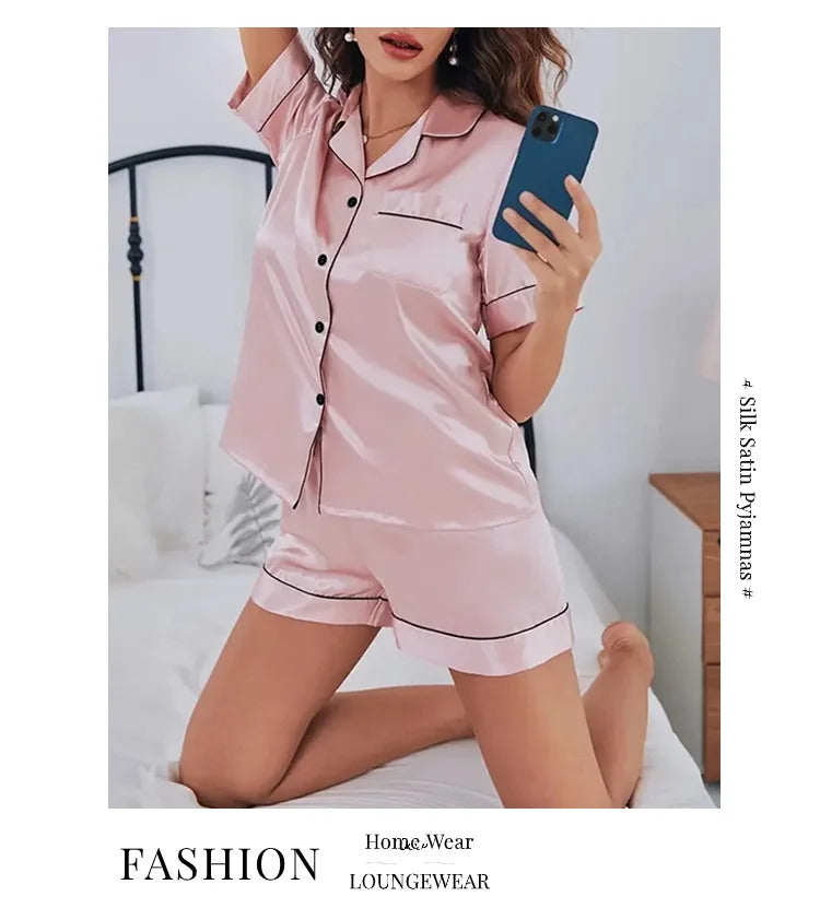 Summer Silk Satin Women Pajamas Set Button Down Top & Shorts 2 Pieces Sleepwear Notched Collar Nightwear Loungewear for Women