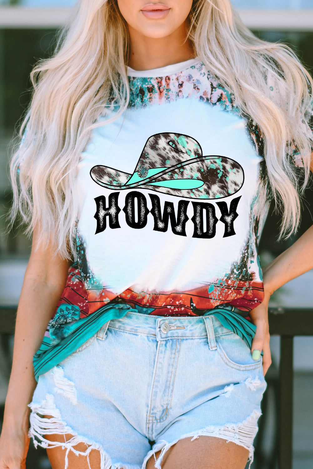 Green HOWDY Cowboy Hat Bleached Crew Neck T Shirt