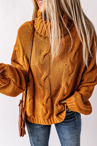 Yellow Cuddle Weather Cable Knit Handmade Turtleneck Sweater