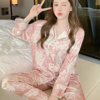 2023 Autumn New Ice Silk Women Pajama Lapel Button Cardigan Outfits for Women 2 Piece Set Fashion Printing Set Clothes for Women