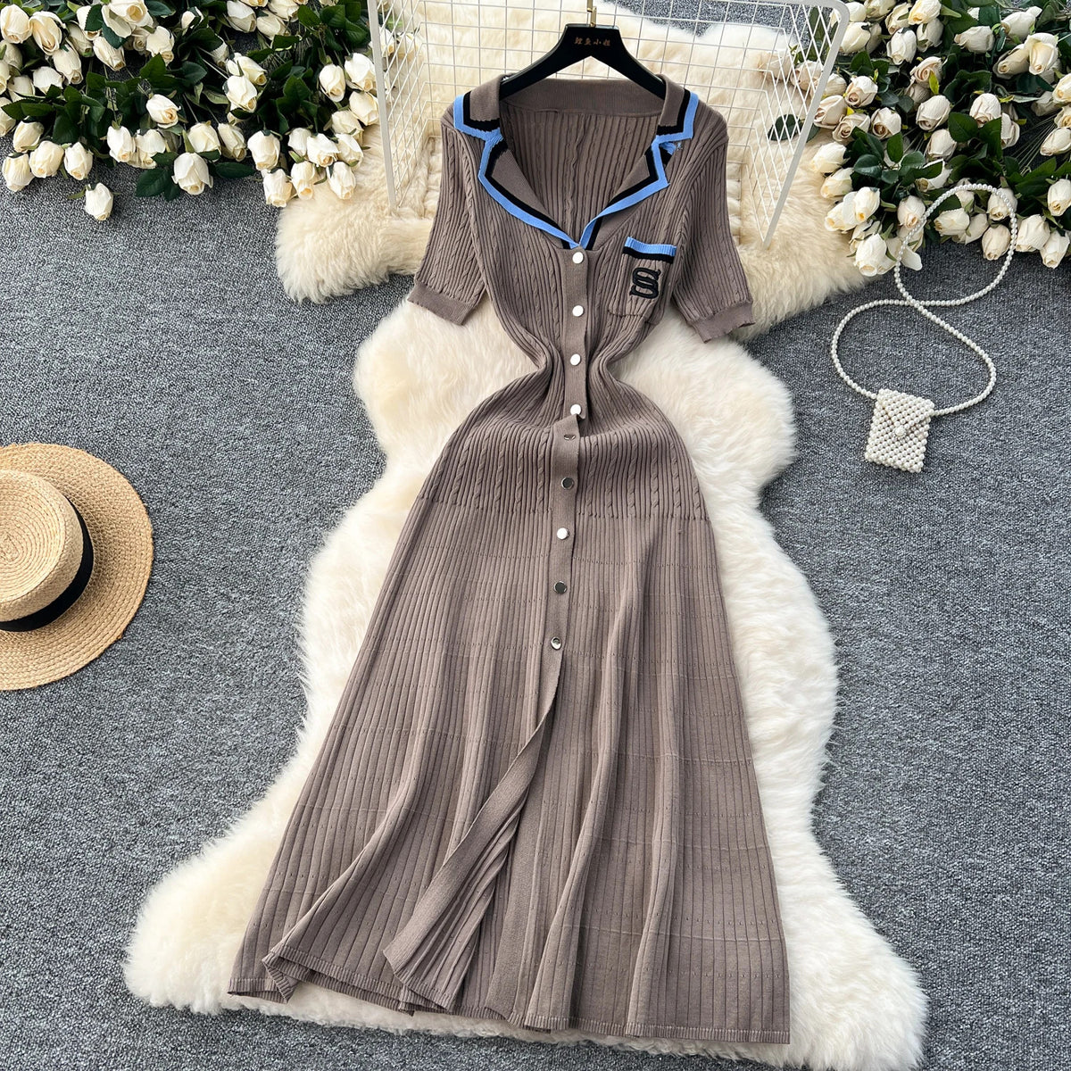 Elegant Turn-down Collar embroidery Single Breasted Knit Bodycon Dress Slim Fashion Sweater Vestido Sexy Women Winter Clothing