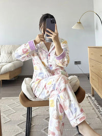 100% Cotton Pajamas for Women Loose Cartoon Long Sleeve Pants Loungewear Women 2 Piece Set Pj Women Outfit Sleepwear Set Pijamas