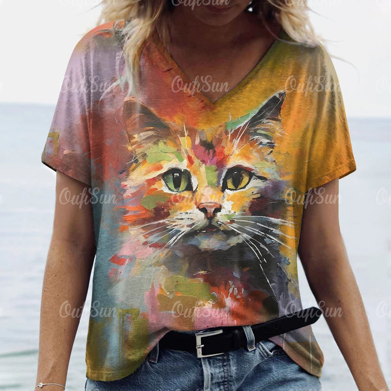 Summer Women's T Shirt Cat Print Casual Short Sleeve 3d T-Shirts Fashion Streetwear Crew Neck Pullover Female Oversized Clothing