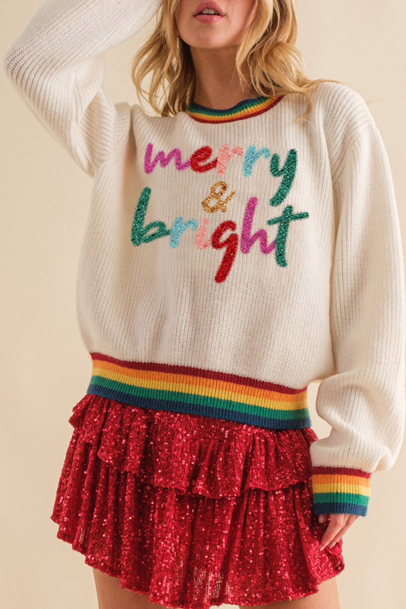 Black Glitter Merry & Bright Colorful Stripes Trim Sweater