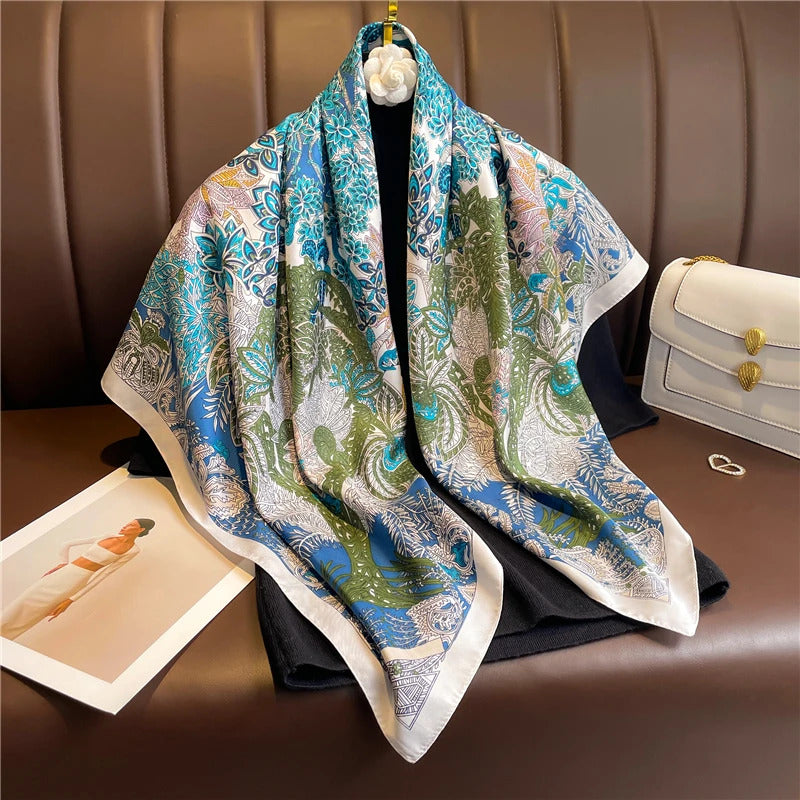 90cm Silk Twill Square Scarf For Women Spring Print Hair Band Hijab Foulard Sunsceen Neckerchief Shawl Wraps Echarpe New