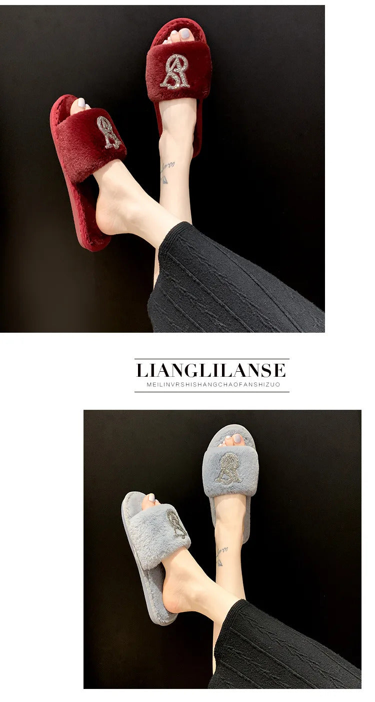 Female Home Cotton Slippers Women Autumn Winter Hairy Warm Footwear Fashion Letter Rhinestones Sandals Woman Casual Flat Shoes