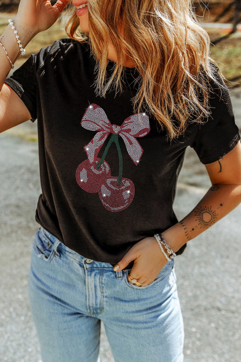 Black Rhinestone Bowknot Cherry Graphic T Shirt