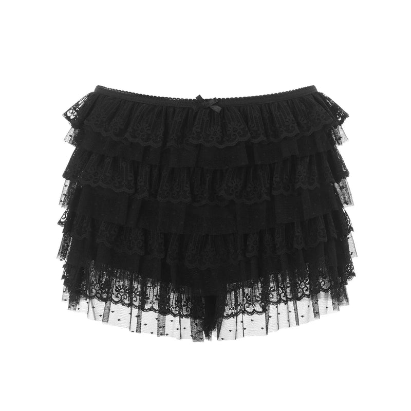 Women Mesh Lace Bloomer Shorts Y2k Layered Ruffle Frilly Booty Shorts Fairy Bowknot Sexy Boy Shorts Panties Party Clubwear