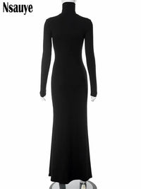 Nsauye Maxi Bodycon Dress Women Long Sleeve Outfits Elegant Fashion Sexy Party Evening Club Wrap Black Winter Dress Turtleneck