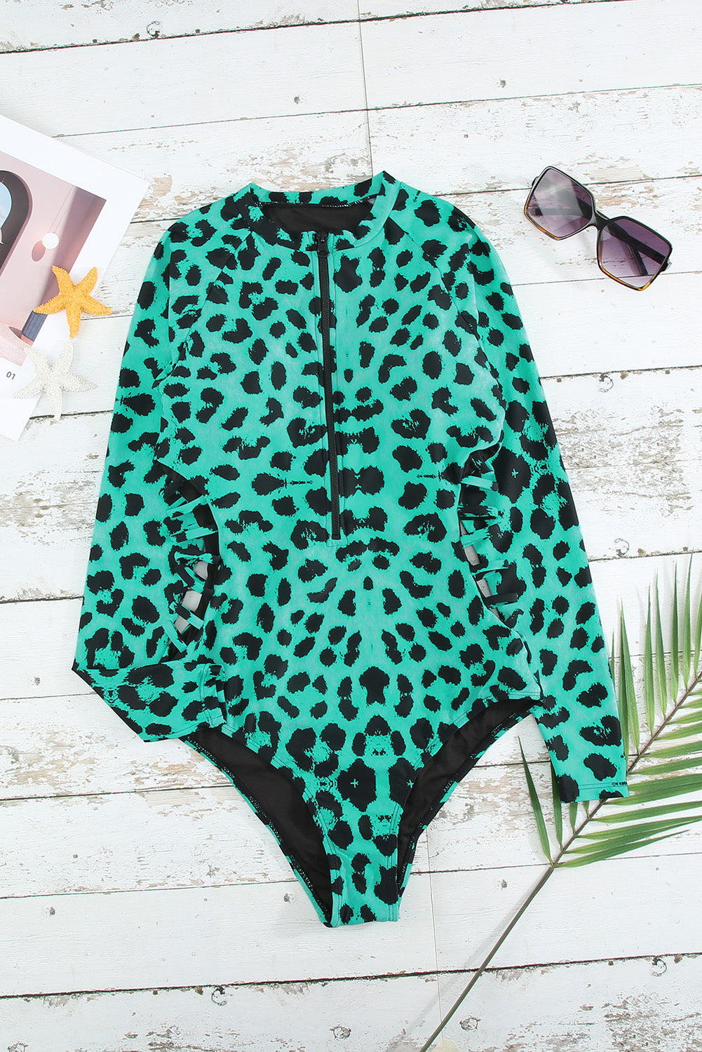 Green Leopard Print Zipper Cut-out Rash Guard Swimsuit