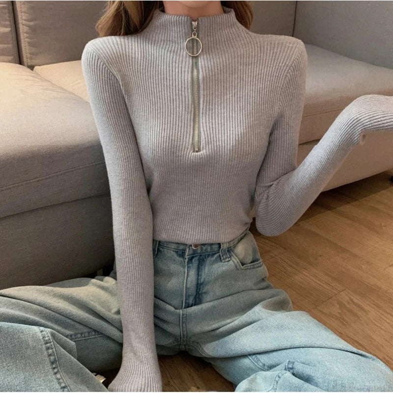 Knitted Women Zipper Half High Neck Sweater Pullovers Autumn Winter Basic Women Sweaters Slim Solid Knitwear Pull Femme Tops