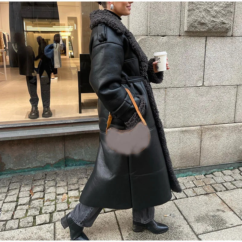 Women Black Lamb Wool Patchwork Leather Overcoat Fashion Lapel High Waist Pockets Jacket With Belt Winter Lady Street Warm Coats