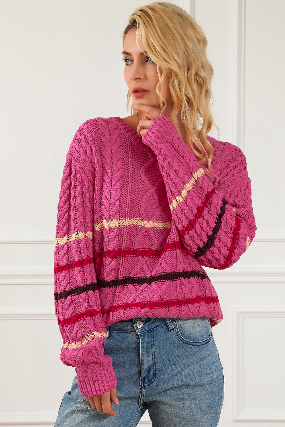 Rose Striped Color Block Textured Knit Pullover Sweater