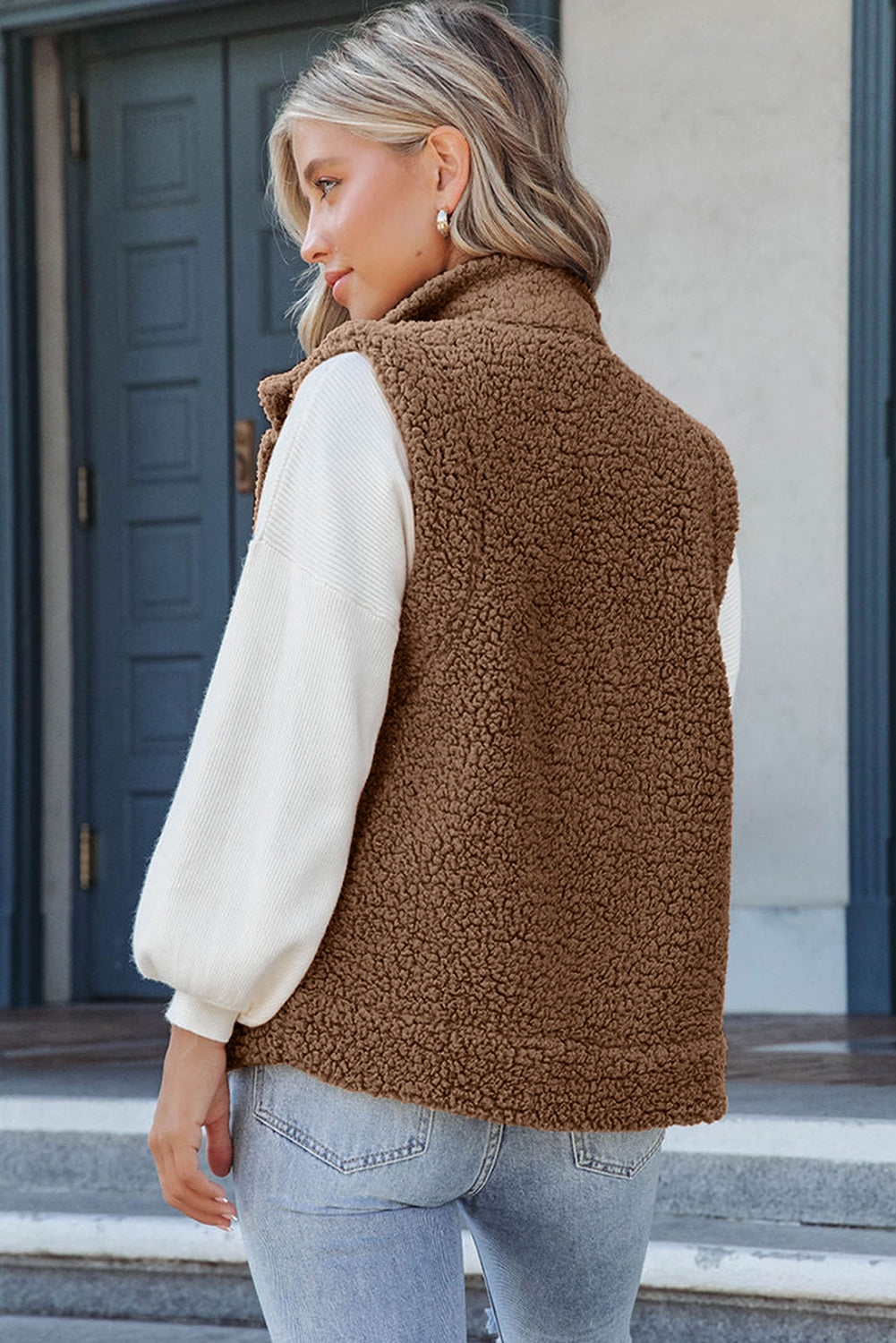 Brown Snap Button Pocketed Sherpa Vest Jacket