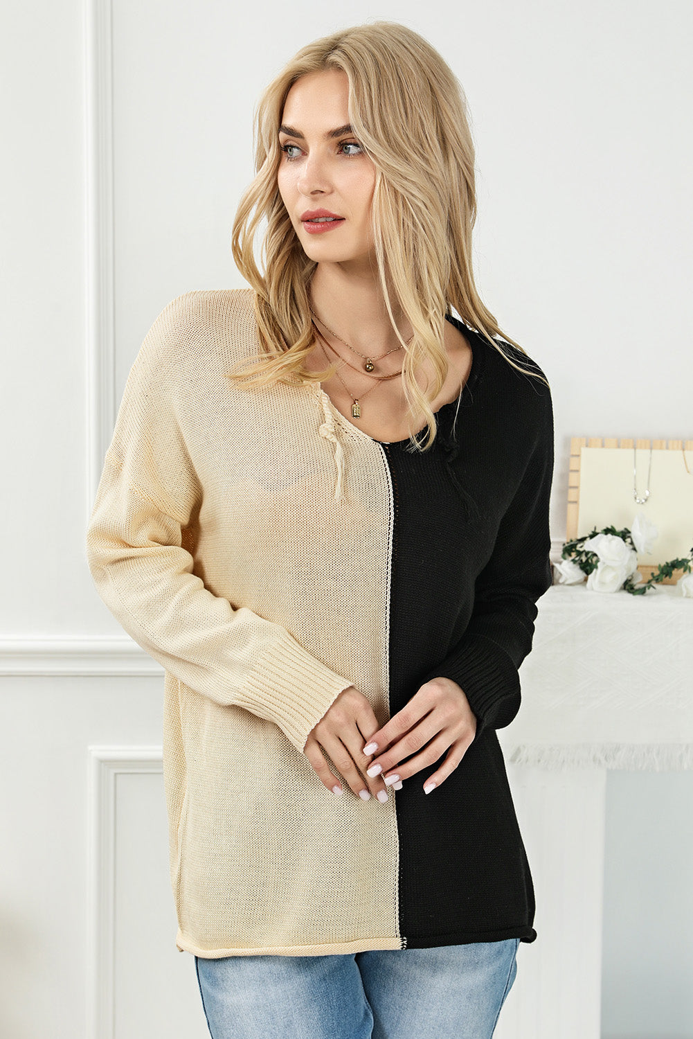 Khaki 2-tone Color Block Raw Edge V Neck Sweater