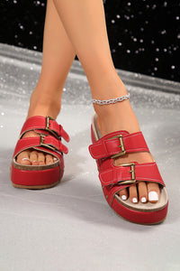 Fiery Red Dual Buckle Studded Platform Sandal Slippers