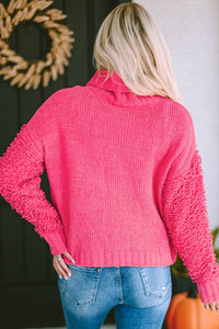 Pink Ribbed Turtleneck Fuzzy Sleeve Knit Sweater