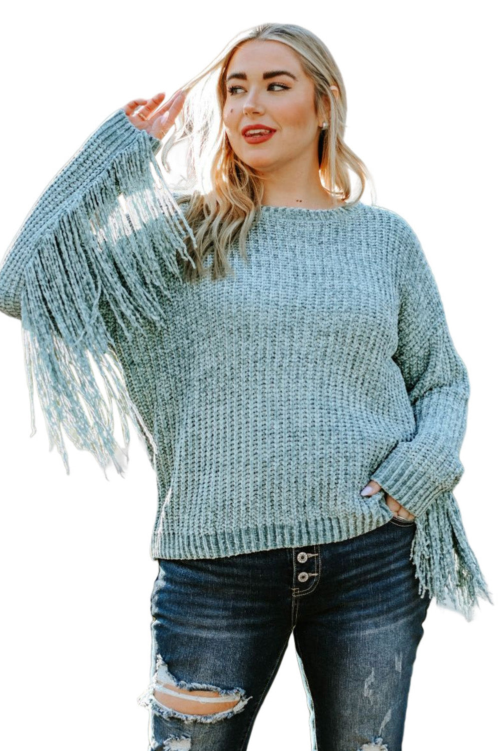 Gray Plus Size Fringed Long Sleeve Knit Sweater